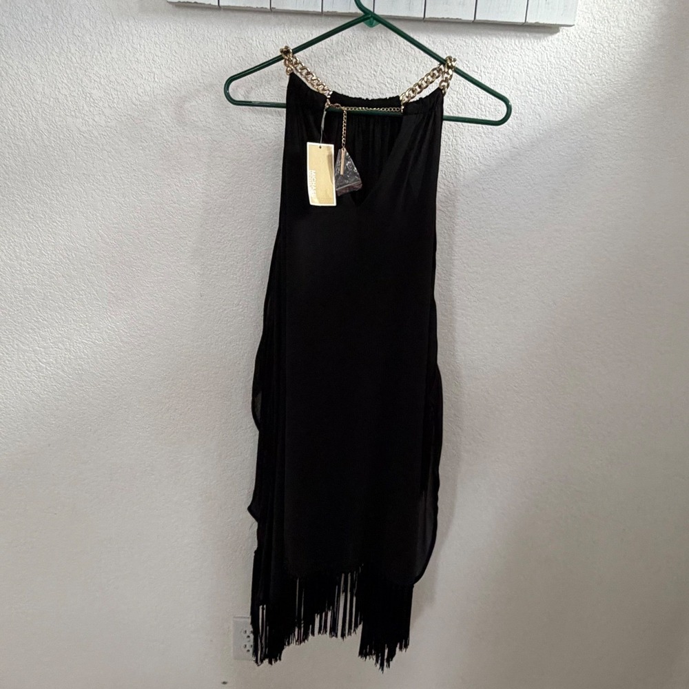 Michael Kors Black Fringe Halter Dress Chain Neck LBD XS dressy party NWT $195 - Picture 5 of 11